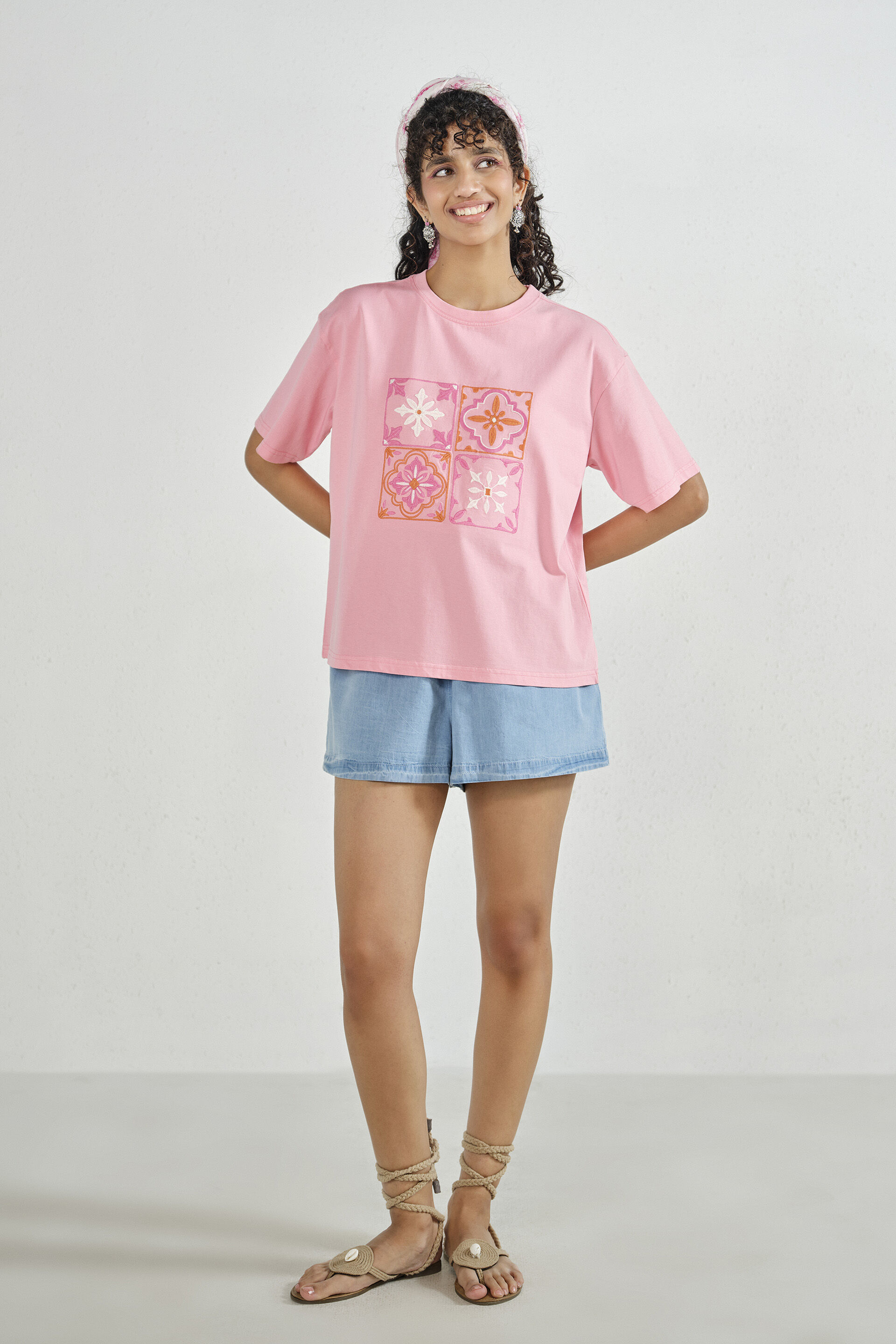 Pink Embroidered Cotton T-shirt, Pink, image 4